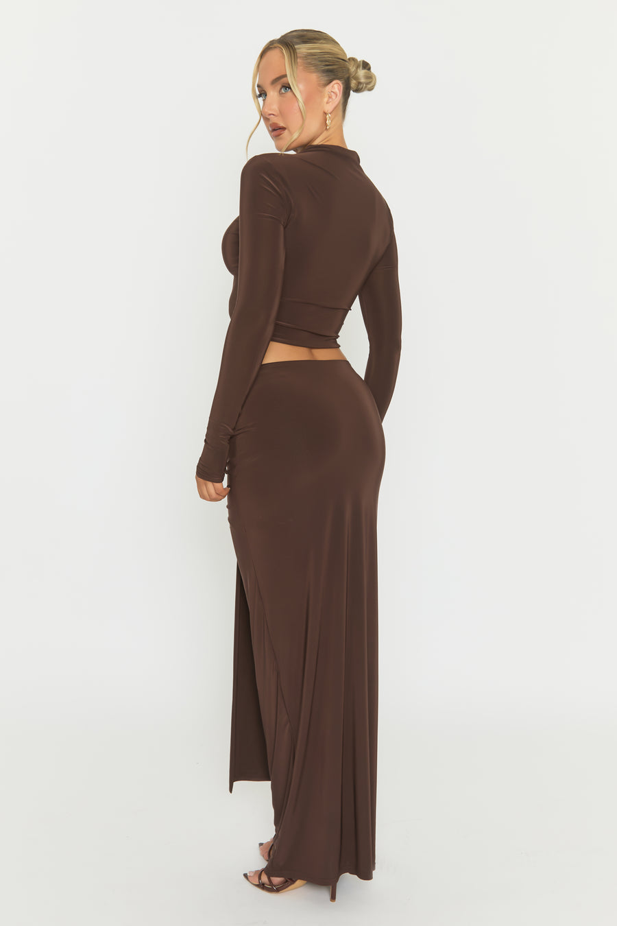 Chocolate Long Sleeve Top and Drape Maxi Skirt Co-ord Set - Yanna