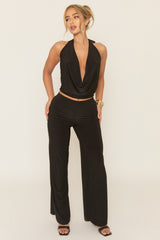 Black Slinky Cowl Top and Wide Leg Trouser Co-ord Set - Avaleen