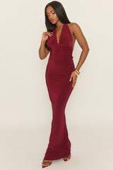 Wine Halterneck Tie Back Maxi Dress - Amalfie