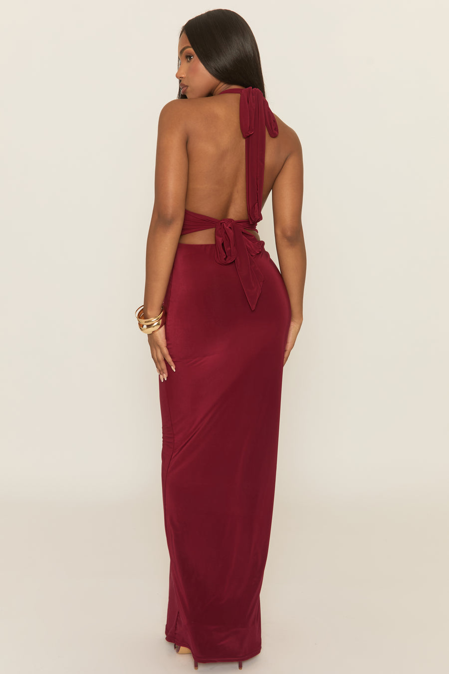 Wine Halterneck Tie Back Maxi Dress - Amalfie