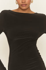 Black Boat Neck Long Sleeve Backless Bodycon Mini Dress - Vixen