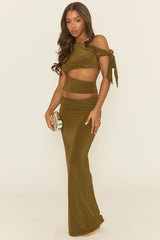 Khaki Asymmetric Tie Shoulder Top and Maxi Skirt Co-ord Set - Kofi