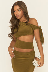 Khaki Asymmetric Tie Shoulder Top and Maxi Skirt Co-ord Set - Kofi