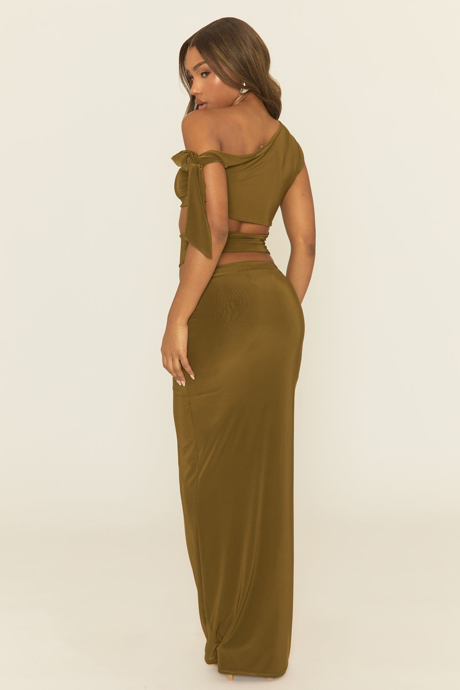 Khaki Asymmetric Tie Shoulder Top and Maxi Skirt Co-ord Set - Kofi