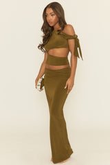 Khaki Asymmetric Tie Shoulder Top and Maxi Skirt Co-ord Set - Kofi