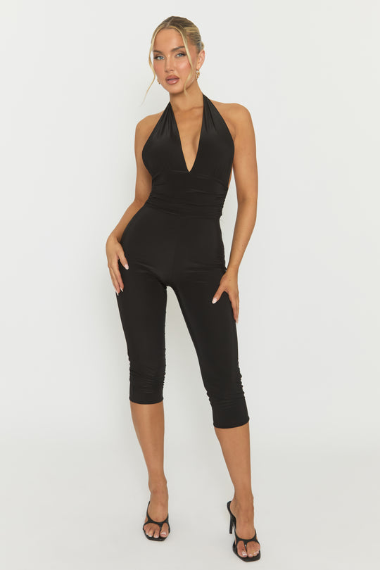 Black Halterneck Tie Back Capri Jumpsuit - Enyah