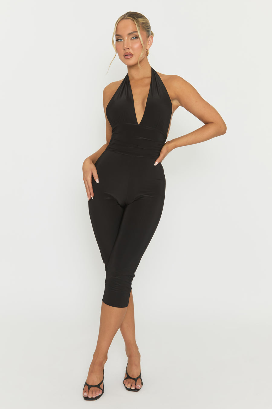 Black Halterneck Tie Back Capri Jumpsuit - Enyah