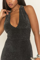 Black Glitter Halterneck Tie Back Maxi Dress - Shanie