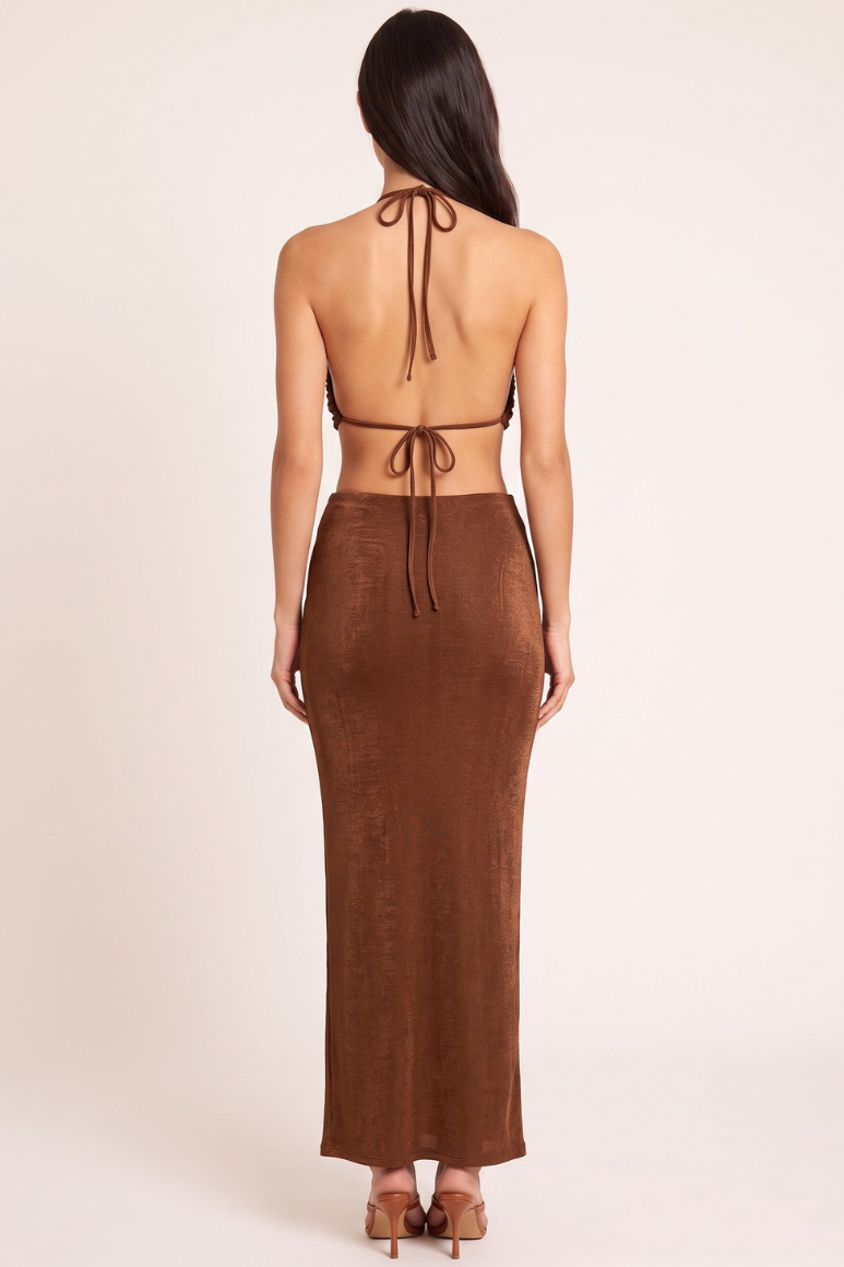 Bronze Textured Slinky Draped Top and Maxi Skirt Co-ord Set - Preena