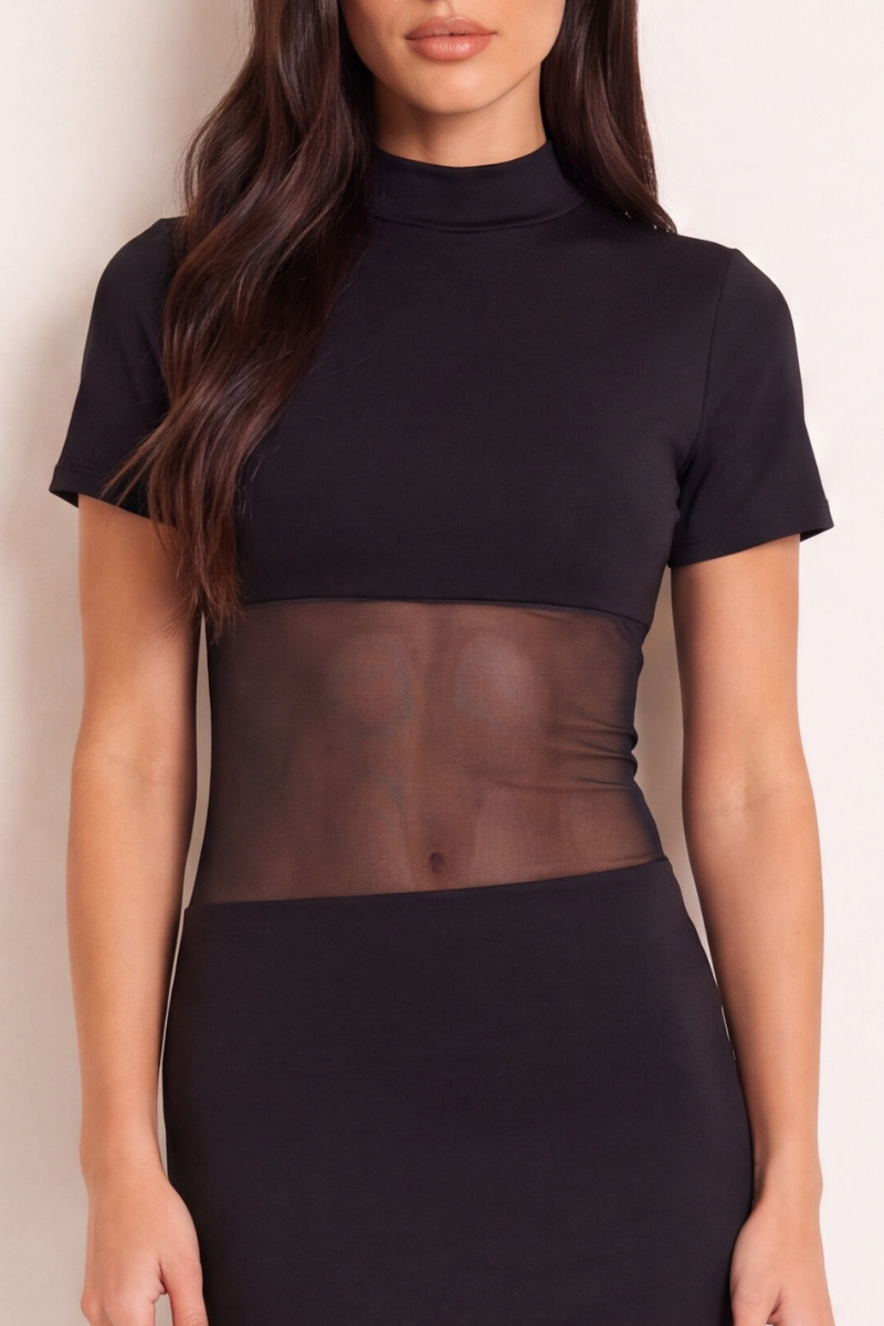 Black High Neck Mesh Insert Maxi Dress - Angelo