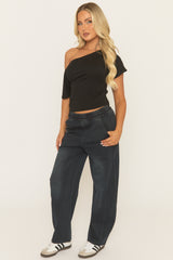 Washed Dark Blue Twill Elasticated Waistband Wide Leg Trousers - Yulia