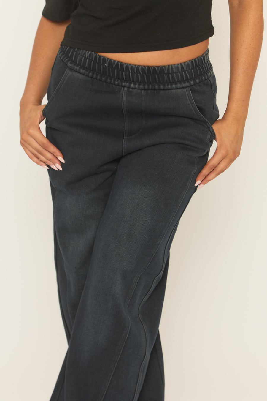 Washed Dark Blue Twill Elasticated Waistband Wide Leg Trousers - Yulia