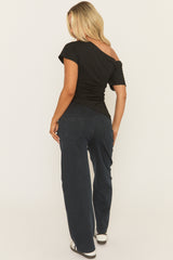 Washed Dark Blue Twill Elasticated Waistband Wide Leg Trousers - Yulia