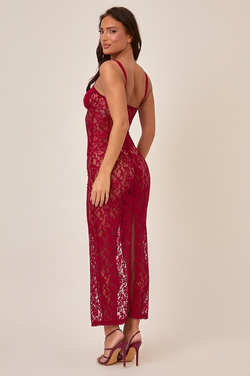 sheer red lace dress " Hailey " Sheer Lace Dress ( Red ) FINAL SALE