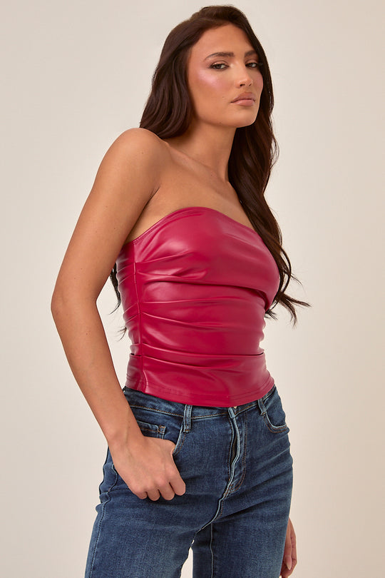 Wine Faux Leather Bandeau Top - Lizy