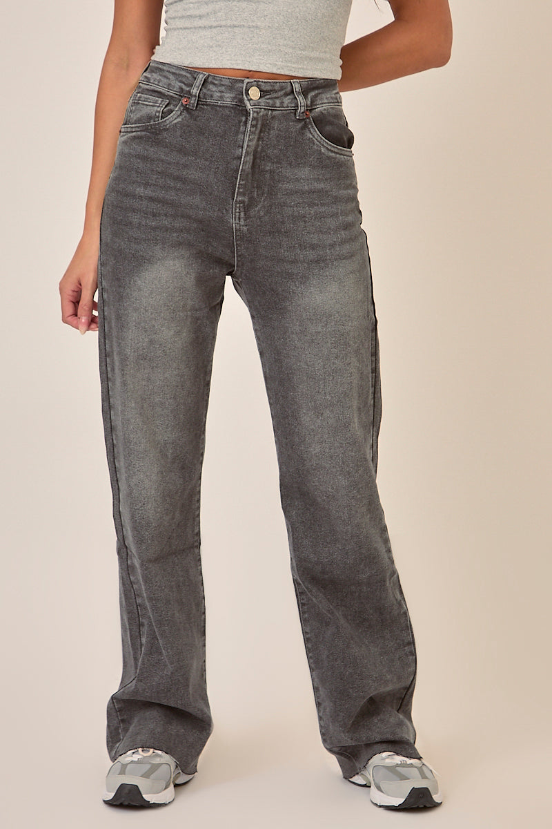 Washed Grey Stretch Straight Leg Frayed Hem Jeans - Scarlett
