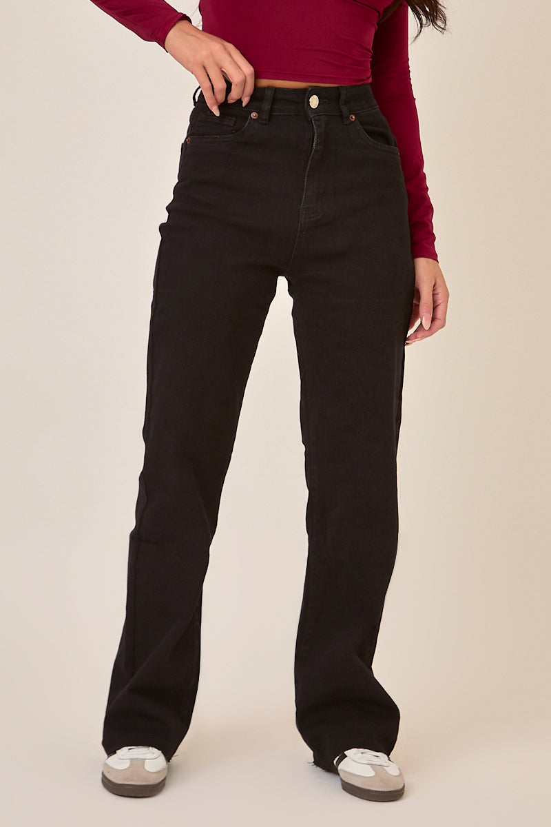 Black Stretch Frayed Hem Straight Leg Jeans - Scarlett