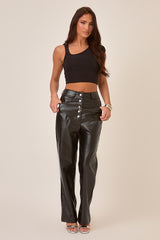 Black Button Front Faux Leather Wide Leg Trousers - Jess