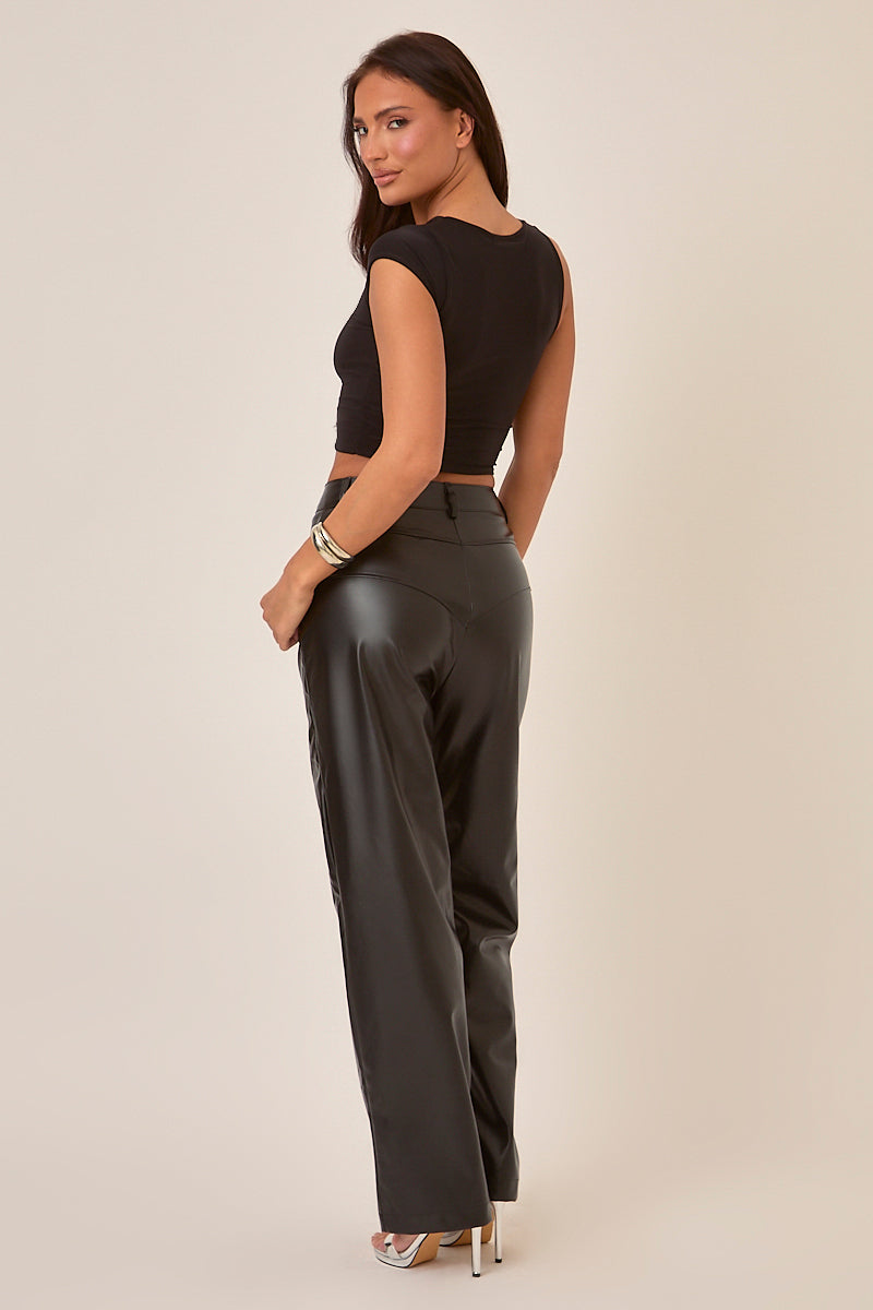 Black Button Front Faux Leather Wide Leg Trousers - Jess