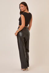 Black Button Front Faux Leather Wide Leg Trousers - Jess