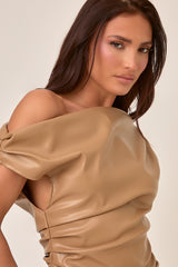 Camel Off Shoulder Faux Leather Mini Dress - Kezia