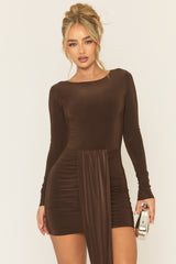 Chocolate Long Sleeve Drape Front Mini Dress - Sanyon
