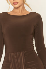 Chocolate Long Sleeve Drape Front Mini Dress - Sanyon