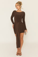 Chocolate Long Sleeve Drape Front Mini Dress - Sanyon