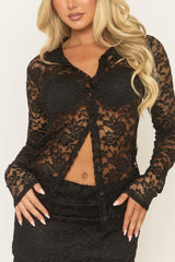 Black Lace Button Front Shirt and Mini Skirt Co-Ord Set - Sheera