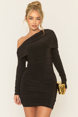 Black Long Sleeve Ruched Bardot Mini Dress - Annabella