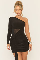 Black One Sleeve Semi Sheer Ruched Skirt Mini Dress - Rachelle
