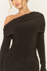 Black Long Sleeve Ruched Bardot Mini Dress - Annabella