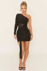 Black One Sleeve Semi Sheer Ruched Skirt Mini Dress - Rachelle
