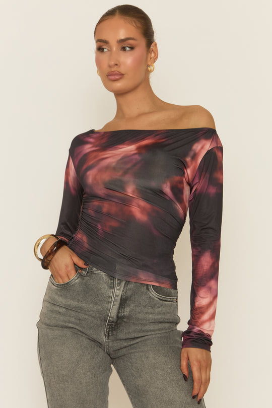 Black Printed Slash Neck Long Sleeve Top - Erika