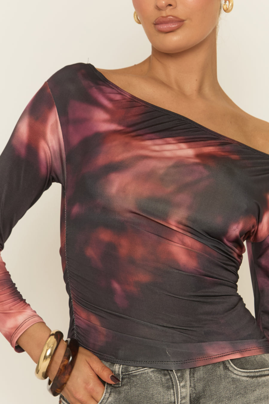 Black Printed Slash Neck Long Sleeve Top - Erika