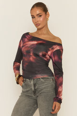 Black Printed Slash Neck Long Sleeve Top - Erika