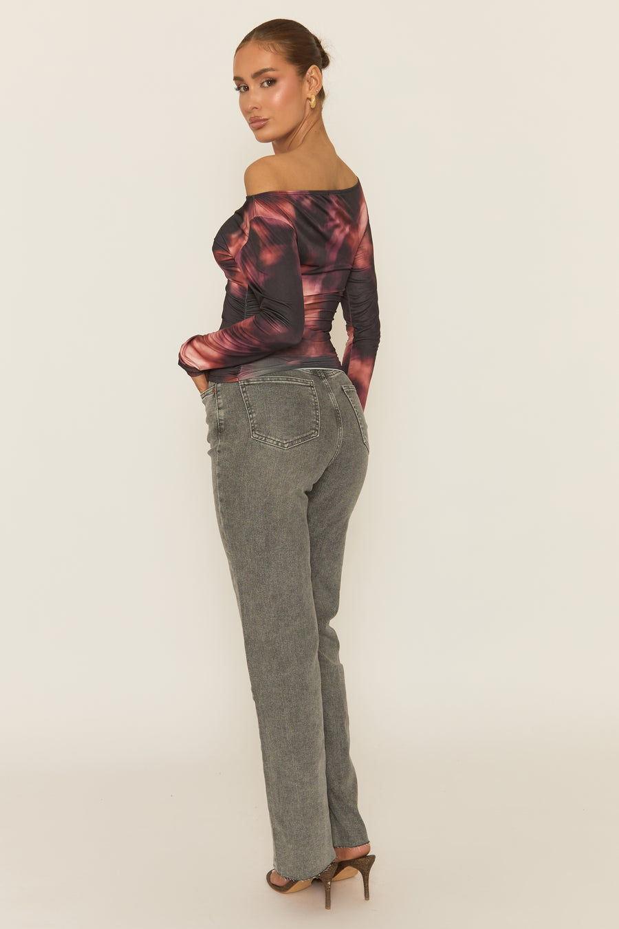 Black Printed Slash Neck Long Sleeve Top - Erika