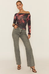 Black Printed Slash Neck Long Sleeve Top - Erika