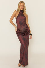 Wine Printed Drape Front Maxi Dress - Jenaya