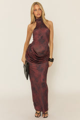 Wine Printed Drape Front Maxi Dress - Jenaya