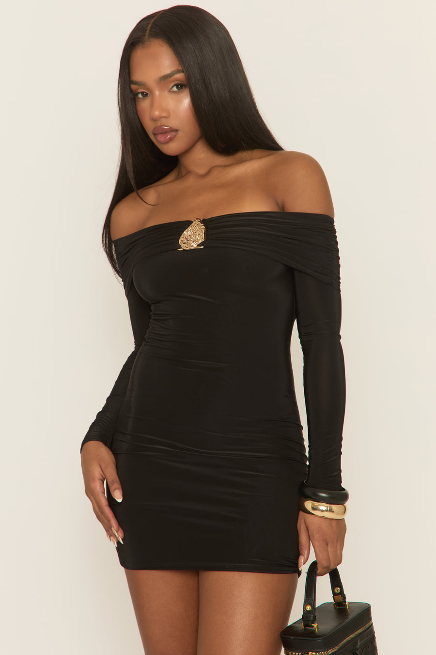 Black Gold Trim Bardot Mini Dress - Raynor