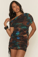 Blue Printed Asymmetric Top and Mini Skirt Co-Ord Set - Samie