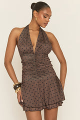 Chocolate Polka Dot Halterneck Frill Mini Dress - Melvyn