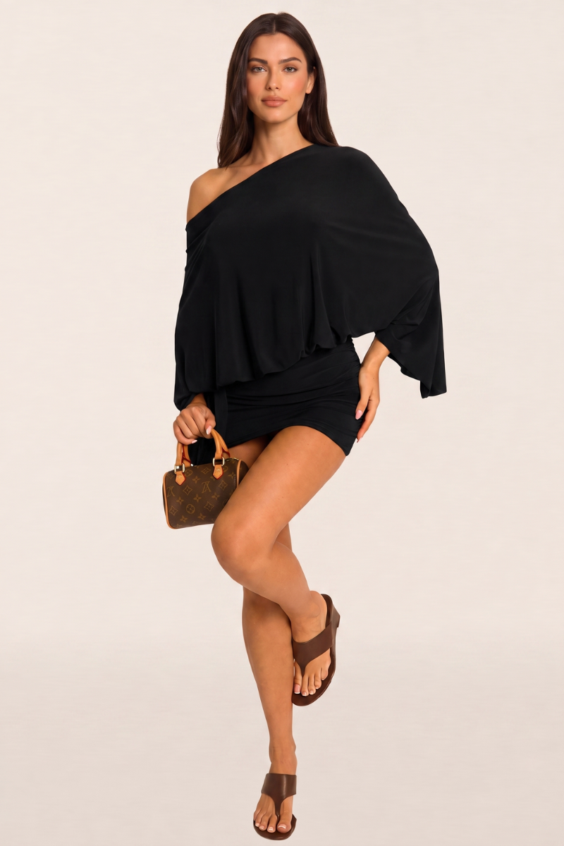 Black Asymmetric Batwing Mini Dress - Neema
