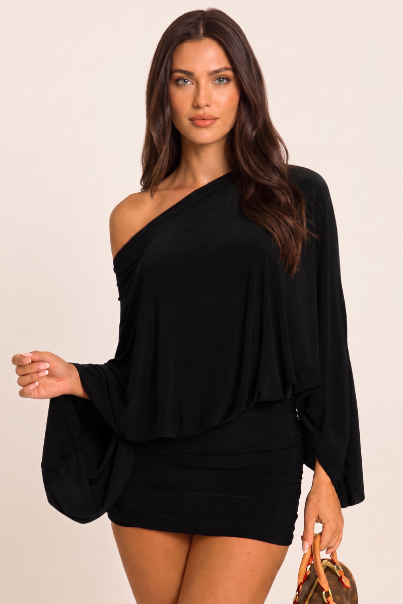 Black Asymmetric Batwing Mini Dress - Neema