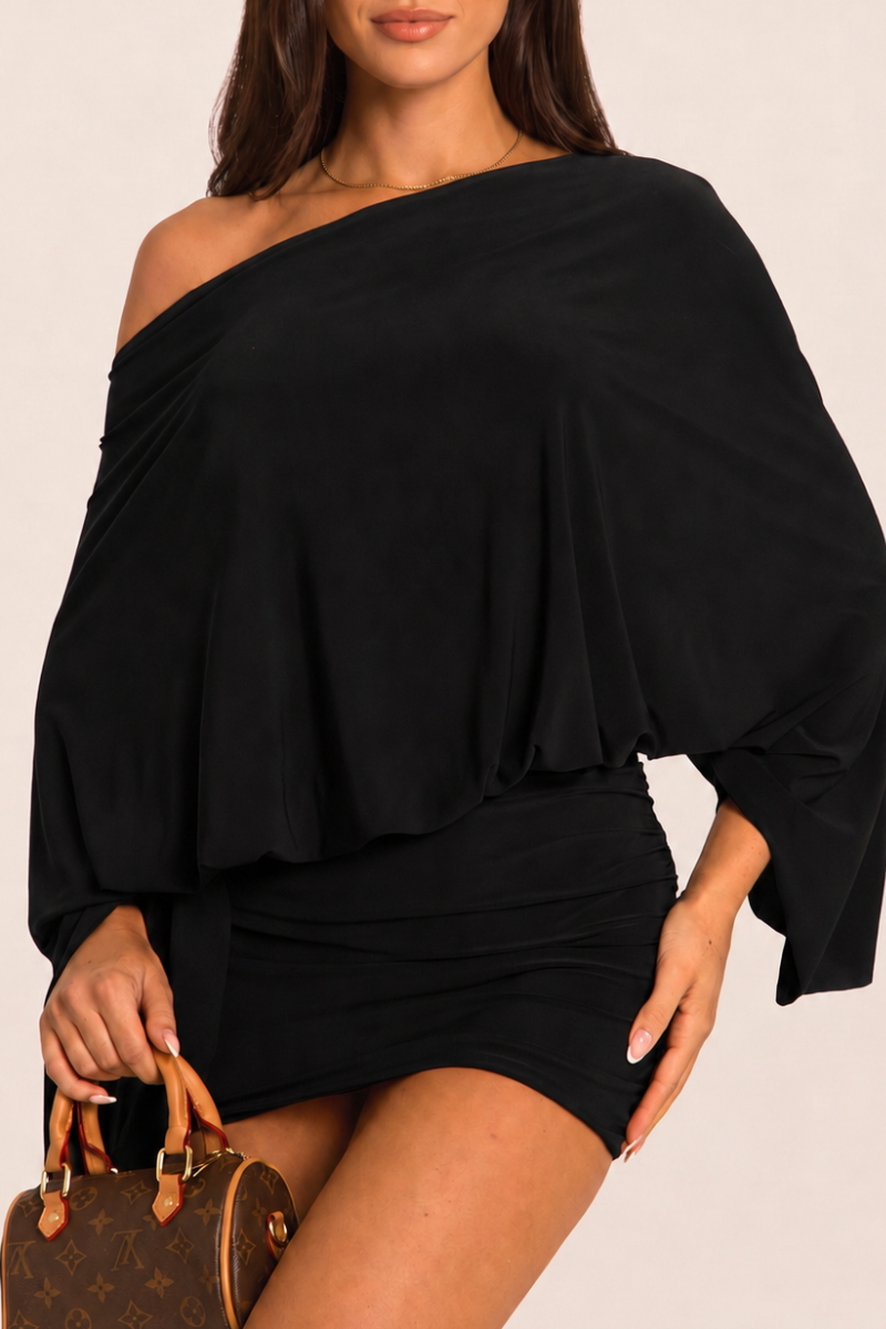 Black Asymmetric Batwing Mini Dress - Neema
