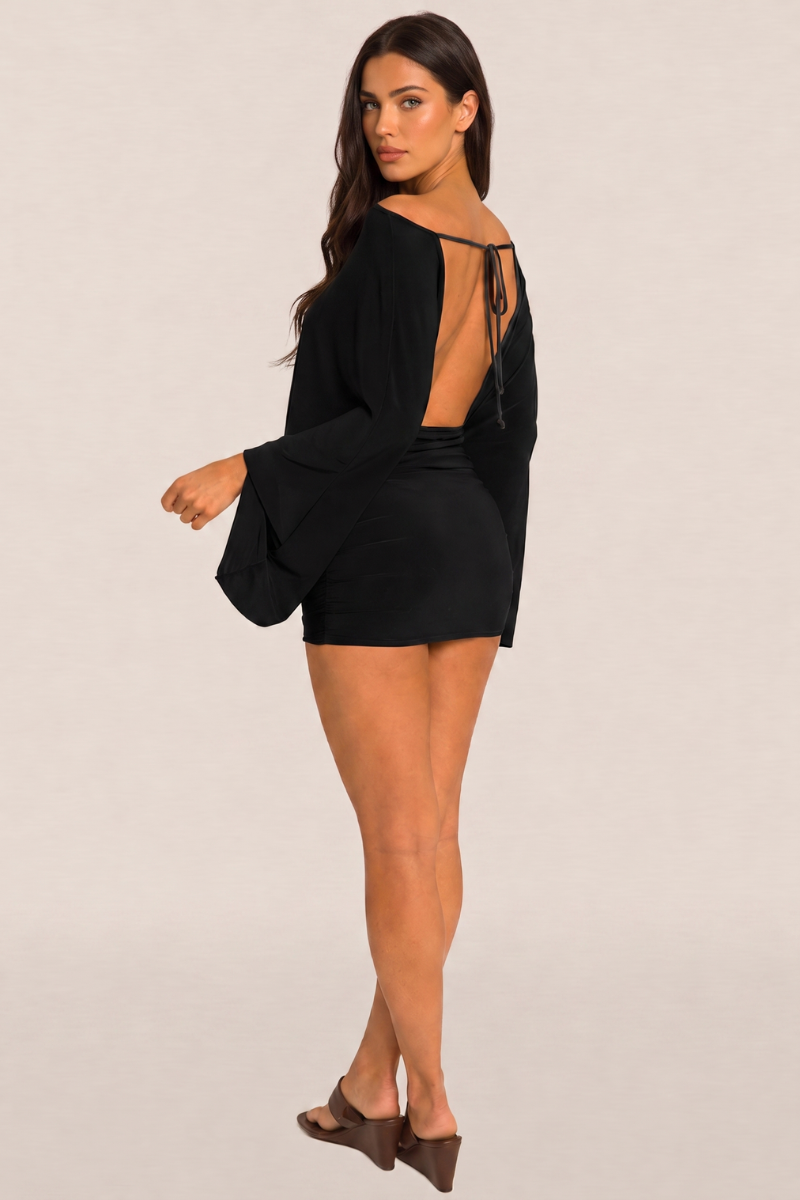Black Asymmetric Batwing Mini Dress - Neema