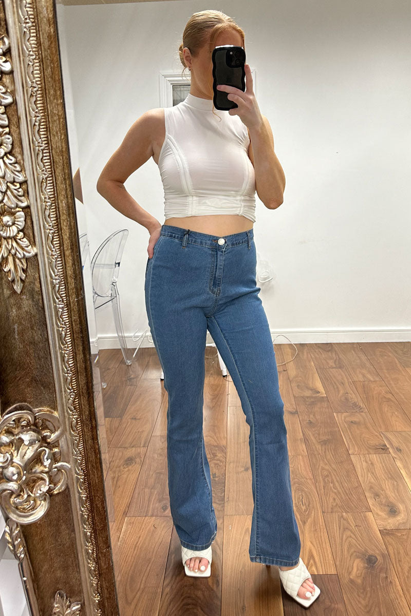 Mid Blue High Waist Flared Leg Jeans - Lina
