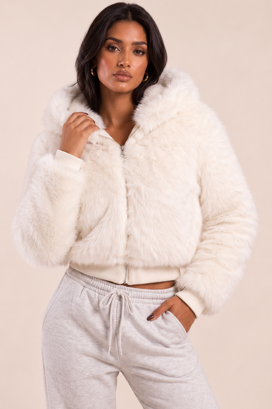 Cream Faux Fur Hooded Zip Through Jacket - Shakur