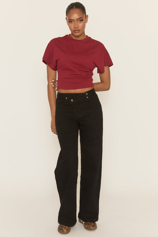 Black Asymmetric Waist Wide Leg Denim Jeans - Freyon